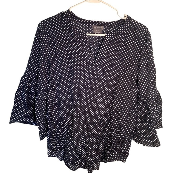 Van Heusen Split Neck Blouse Navy Polka Dots Bell Sleeve - Picture 1 of 9